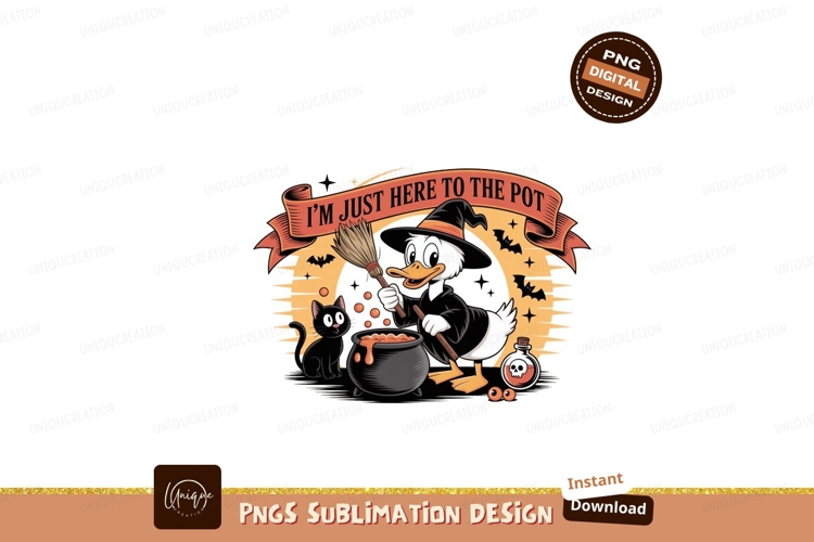 Witch duck brewing potion with black cat halloween
