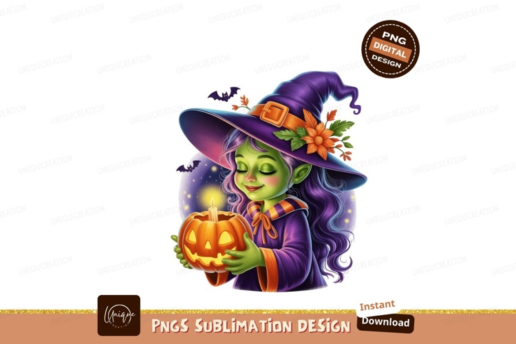 Green witch holding glowing pumpkin halloween candle