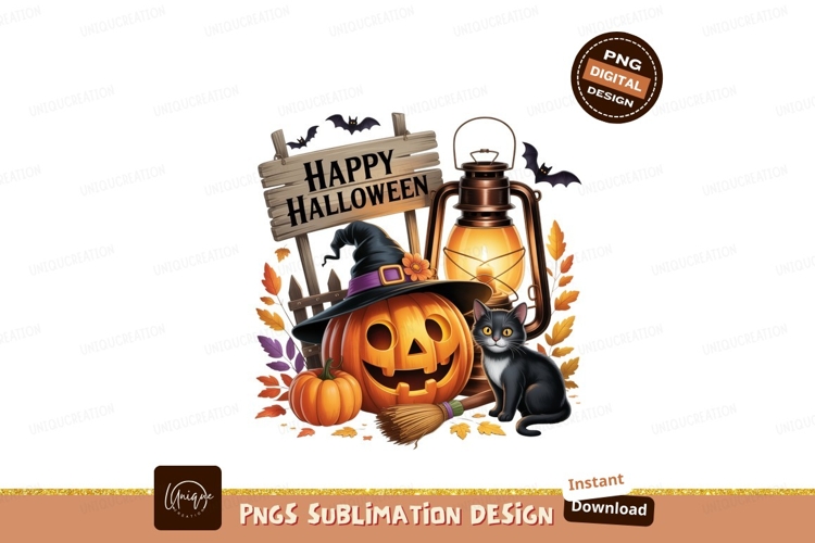 Spooky Halloween Scene With Cat And Pumpkin lantern