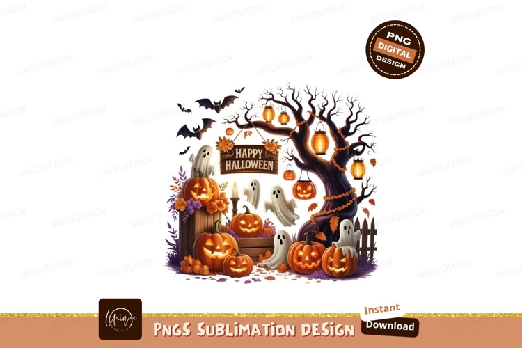 Format: Title: Spooky Halloween Scene With Pumpkins Ghosts A