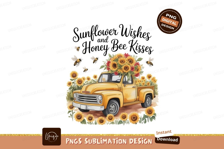 Yellow truck sunflowers bees image