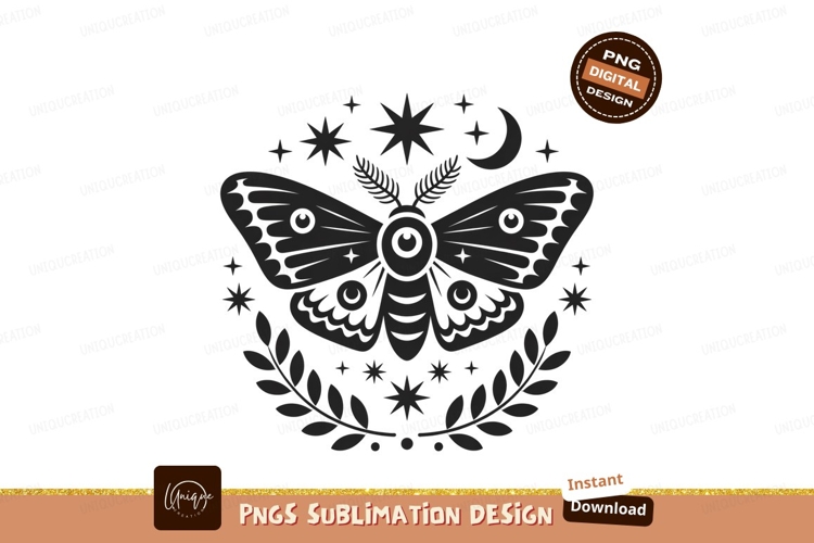 Moth moon stars laurel wreath celestial night