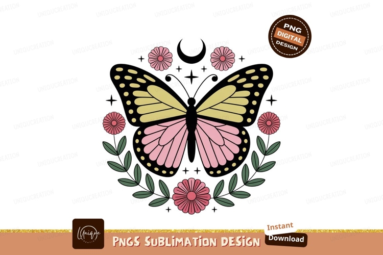 Butterfly flowers crescent moon leaves pink yellow