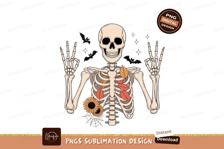 Skeleton peace signs autumn leaves bats image