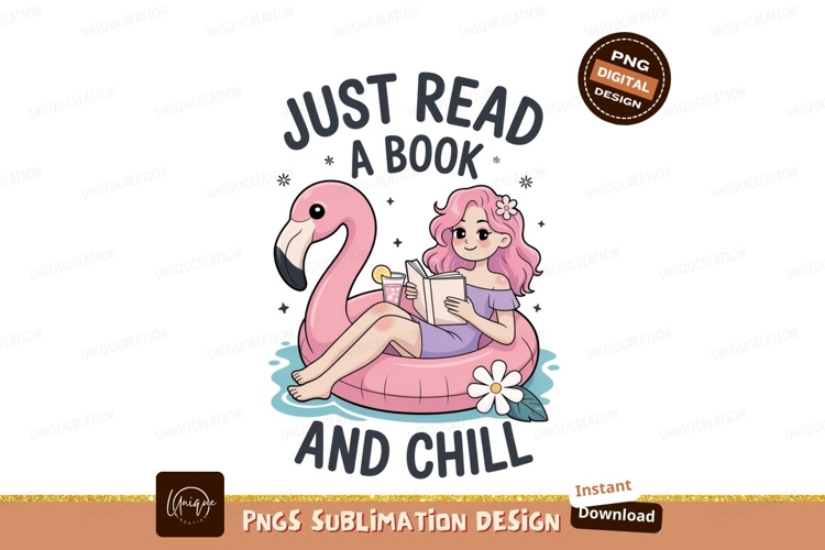 Girl reading book on flamingo float image example image 1
