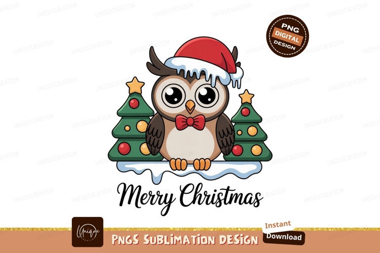 Festive owl wearing santa hat with christmas trees