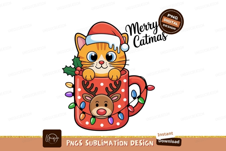 Orange cat wearing Santa hat in Christmas mug with reindeer