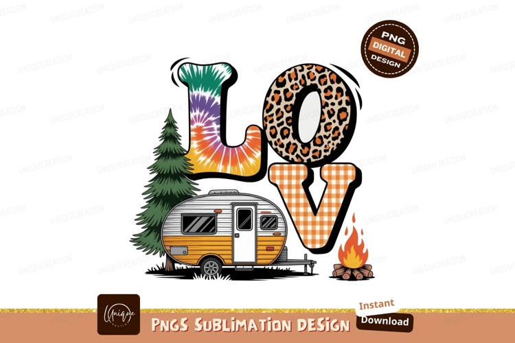 Camping love with trailer and campfire tree
