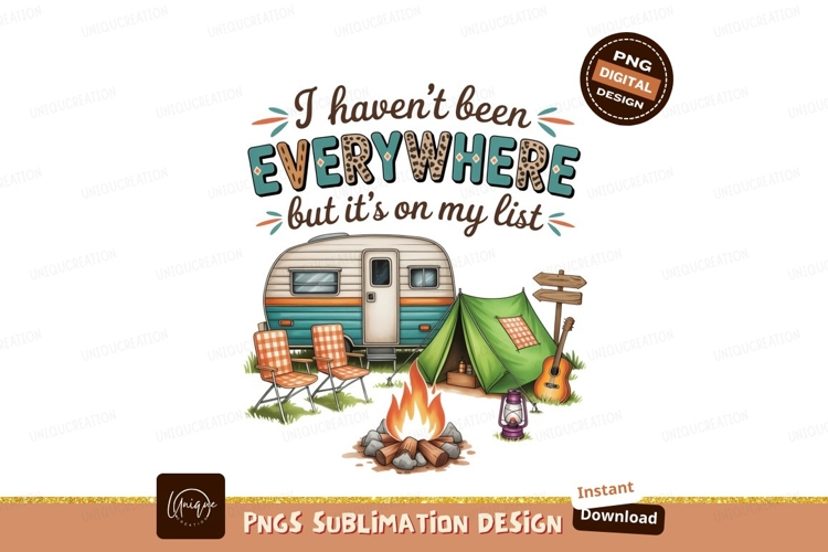 Camping Adventure Scene With Trailer Tent Guitar Fire