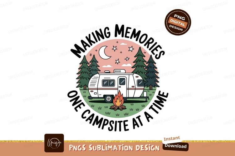 Black camper under moon and stars with campfire trailer