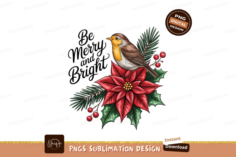 Robin perched on poinsettia with festive text bird