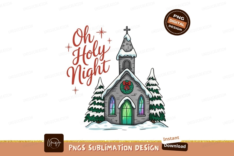 Snowy church with holy night text trees wreath