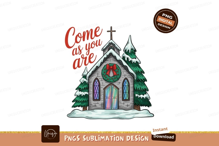 Snowy church with festive wreath and trees image
