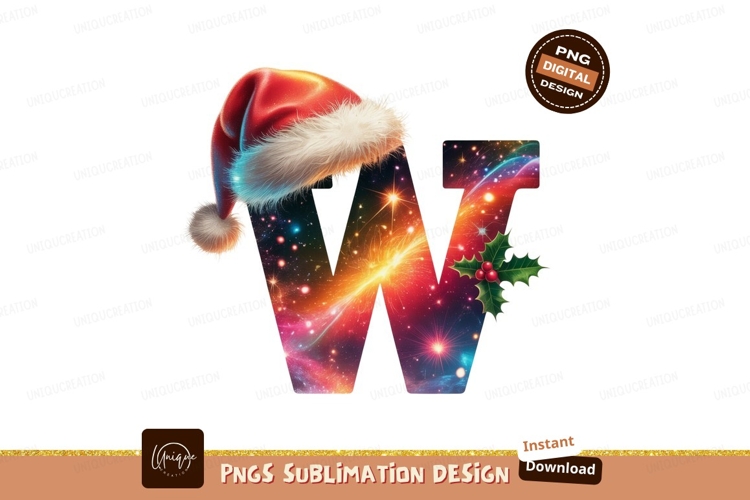 Festive W letter with Santa hat and holly Christmas