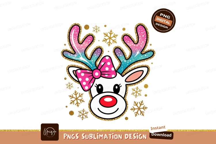 Festive reindeer with pink bow and snowflakes Christmas