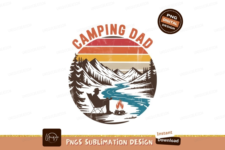 Dad camping by river with campfire mountains trees