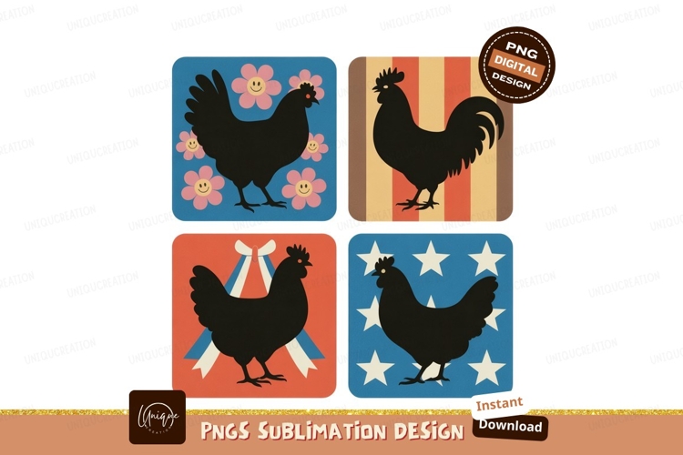 Four Roosters and Hens with Floral and Star Designs