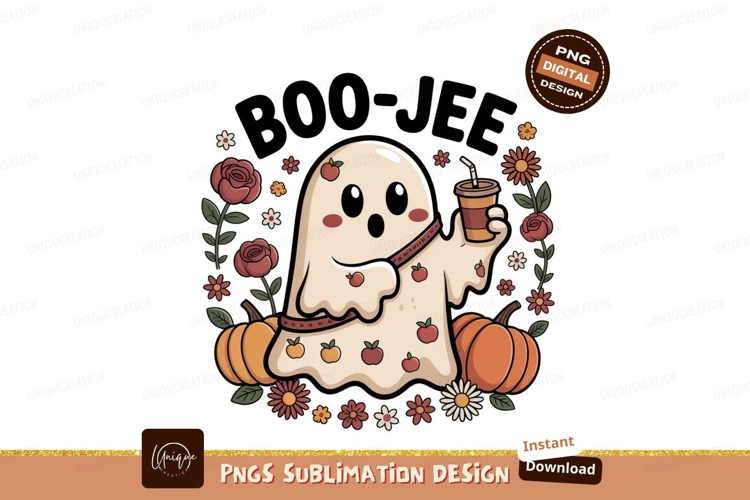 Cute ghost holding coffee cup surrounded by pumpkins