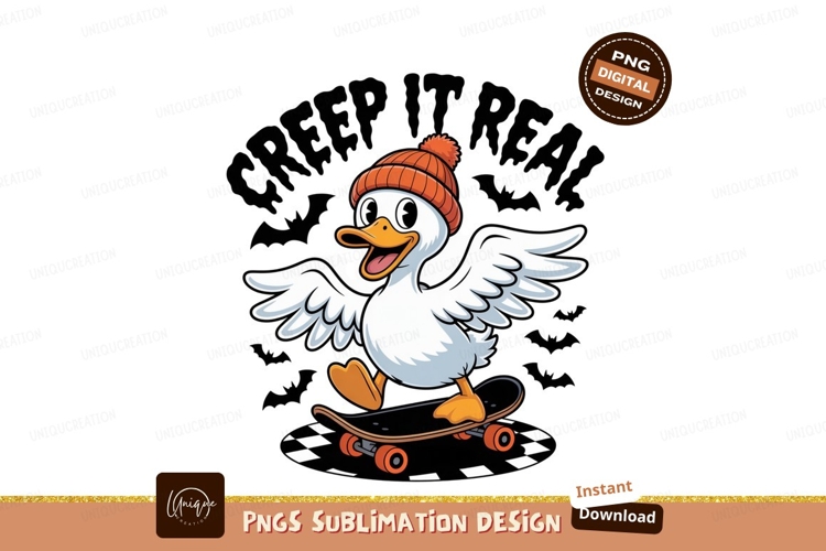 Cheerful duck riding skateboard wearing beanie orange