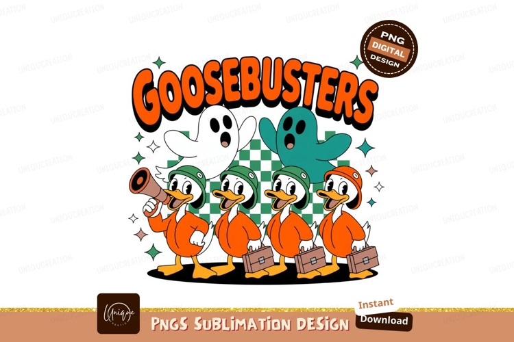 Cartoon ducks chasing ghosts orange green