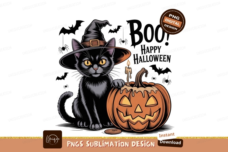 Black cat witch hat pumpkin candle Sublimation P N G
