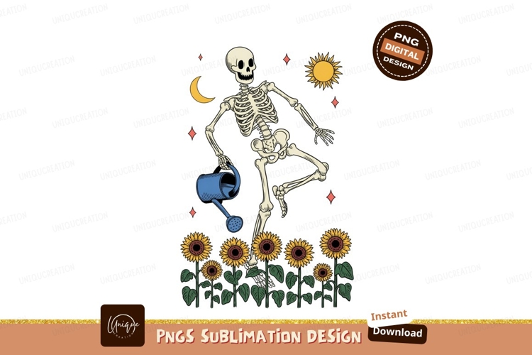 Skeleton watering sunflowers under moon and sun image