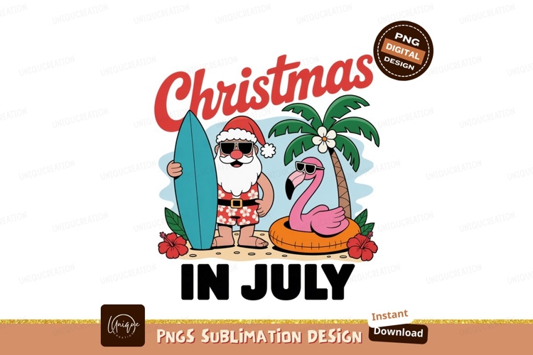 Santa flamingo surfing tropical Christmas image example image 1