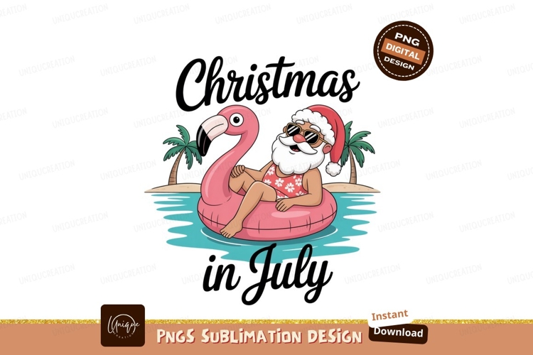 Santa relaxing on flamingo float beach palm