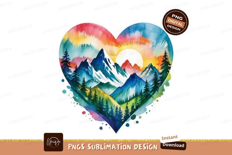 Watercolor Mountains And Forest Heart Design Sublimation Png example image 1