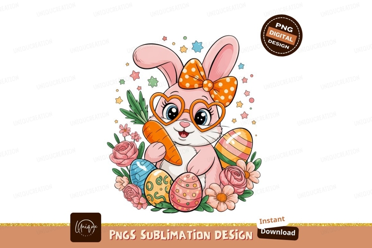 Pink bunny with carrot and easter eggs image