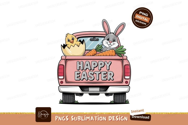 Pink truck happy easter bunny chick carrots Sublimation