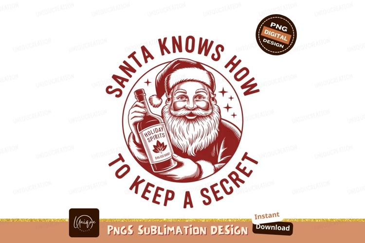 Santa holding holiday spirits bottle christmas