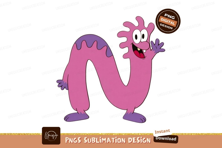 Pink creature waving purple cartoon