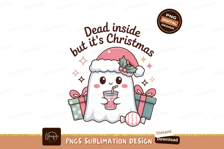 Cute ghost drinking beverage with presents christmas