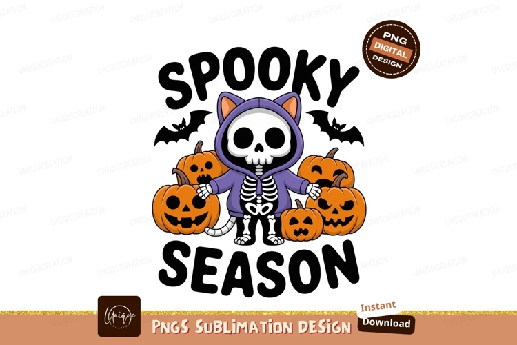 Skeleton cat character with pumpkins halloween spooky