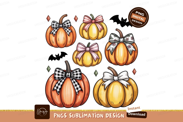 Orange yellow pumpkins decorated bows ribbon