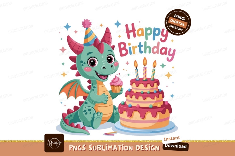 Cute dragon celebrates birthday with cake and cupcake