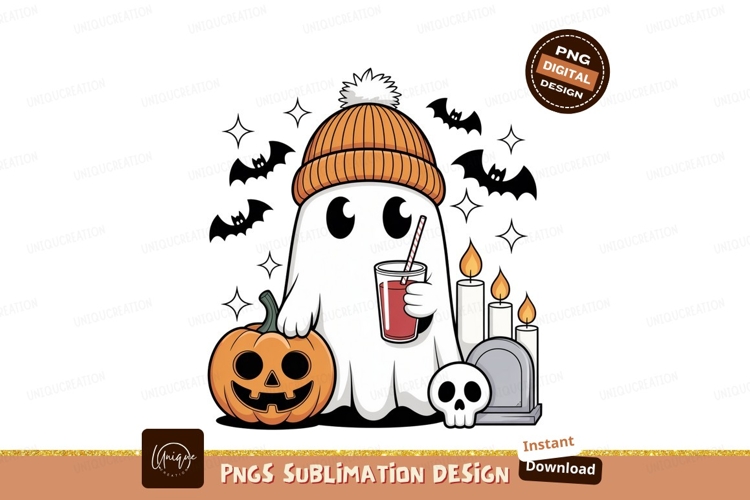 Adorable ghost with pumpkin and drink halloween candle