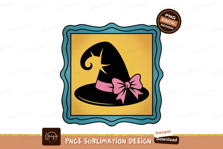 Black witch hat pink bow yellow background image