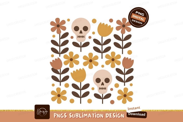 Skulls flowers pattern floral brown