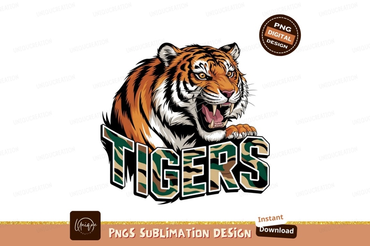 Cartoon Tiger Roaring Above Camouflage Text PNG example image 1
