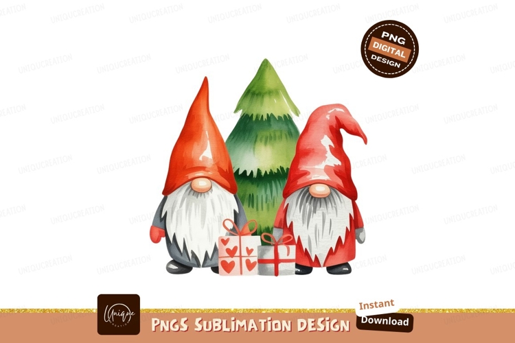 Festive gnomes with gifts and evergreen tree christmas