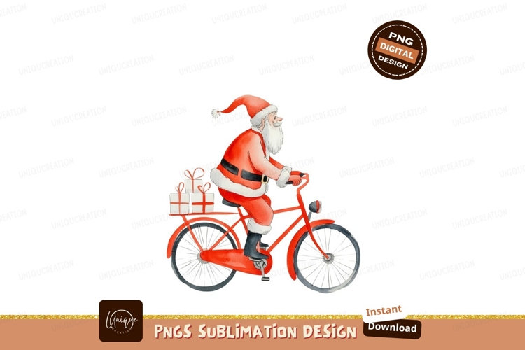 Santa riding bicycle with gifts claus christmas