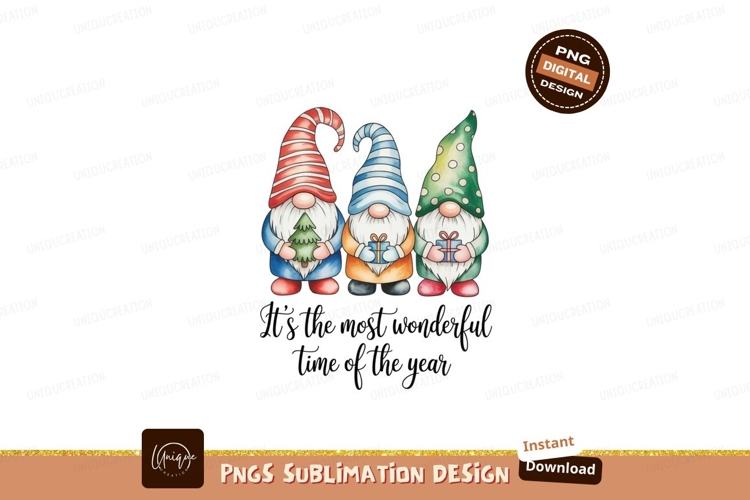 Three gnomes holding gifts and tree christmas holiday