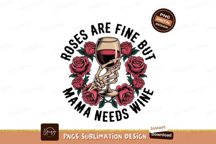 Skeleton hand holding wine glass surrounded by roses