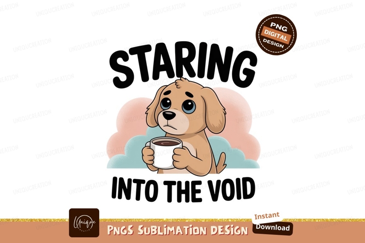 Sad puppy holding coffee mug image