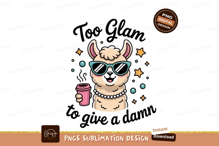 Glamorous llama with coffee and sunglasses pearls stars
