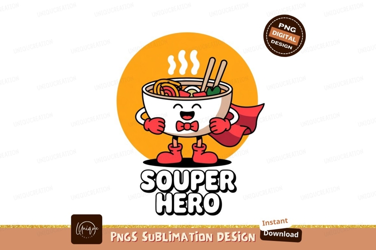 Noodle bowl superhero with cape chopsticks