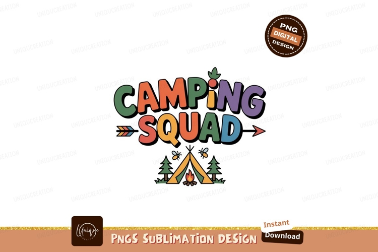 Camping Squad Colorful Text With Tent And Trees fire