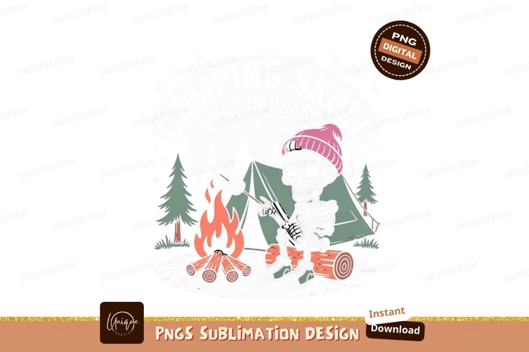 Skeleton roasting marshmallow at campfire camping tent